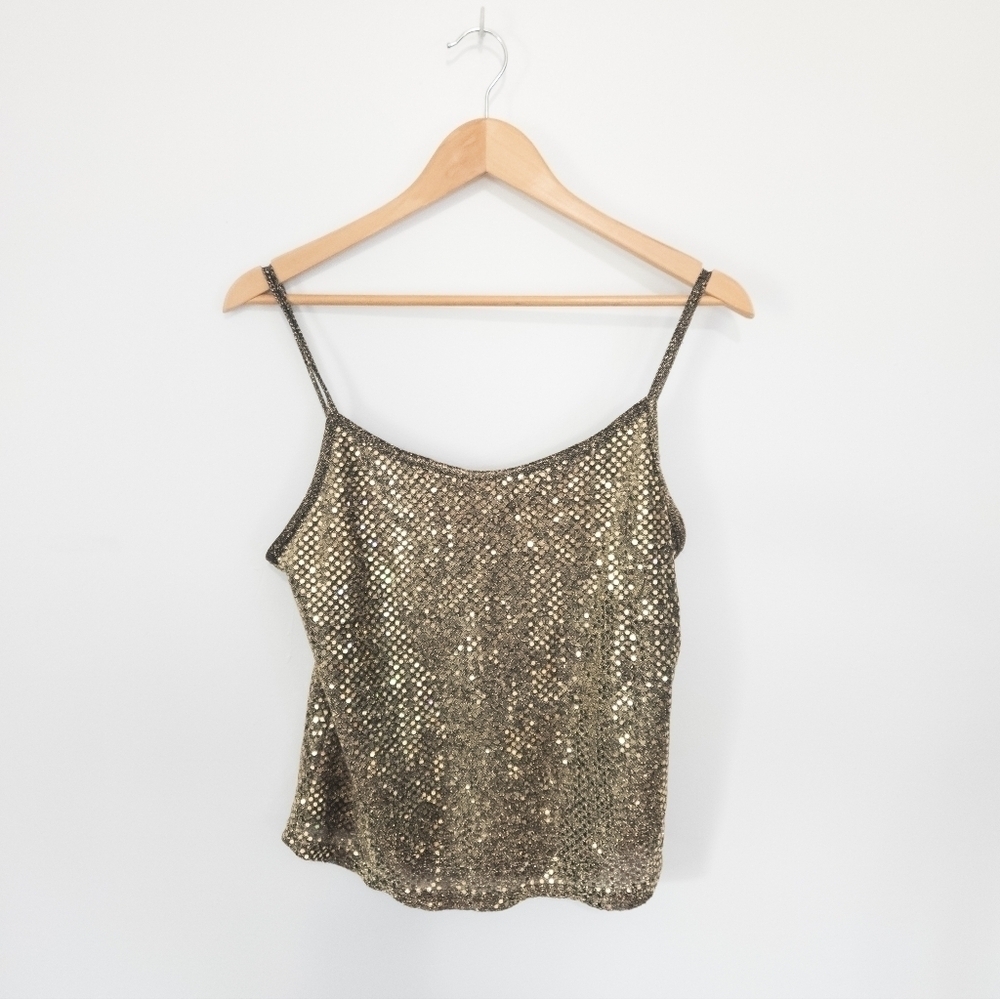 Vintage gold sequin chainmail look tank top cropped size Large